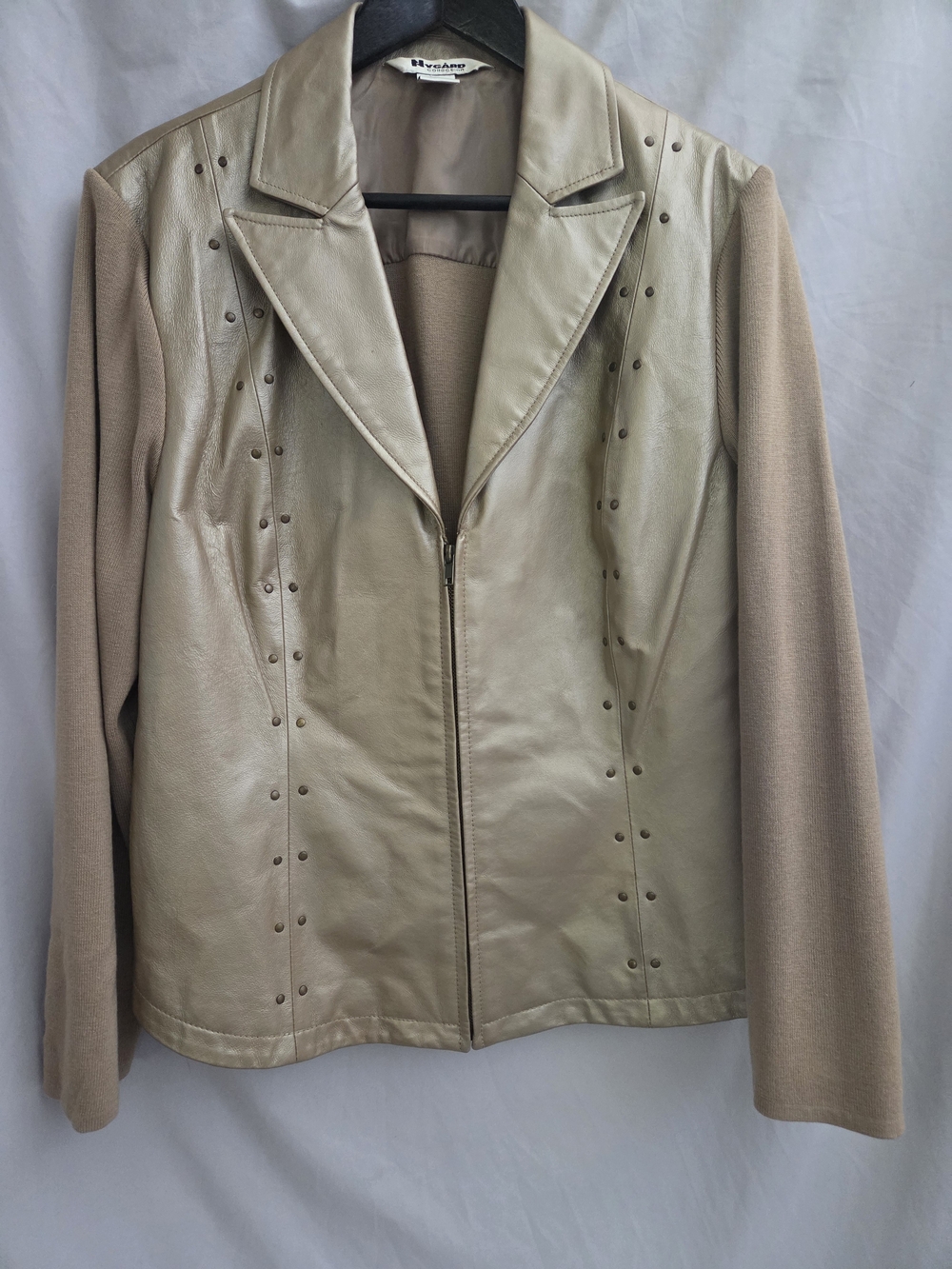 Beige Leather-Blend Zip Front Jacket